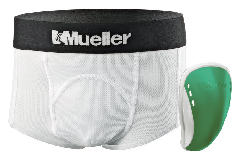 Mueller Athletic Support Brief with Flex Shield Cup, White/Green, Peewee Large - BeesActive Australia