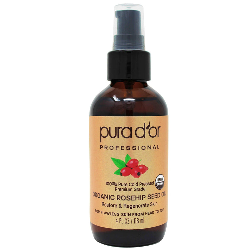 PURA D'OR Organic Rosehip Seed Oil (4oz / 118mL) 100% Pure Cold Pressed USDA Certified Organic, All Natural Anti-Aging Moisturizer Treatment for Face, Hair, Skin, Nails, Men-Women (Packaging may vary) - BeesActive Australia