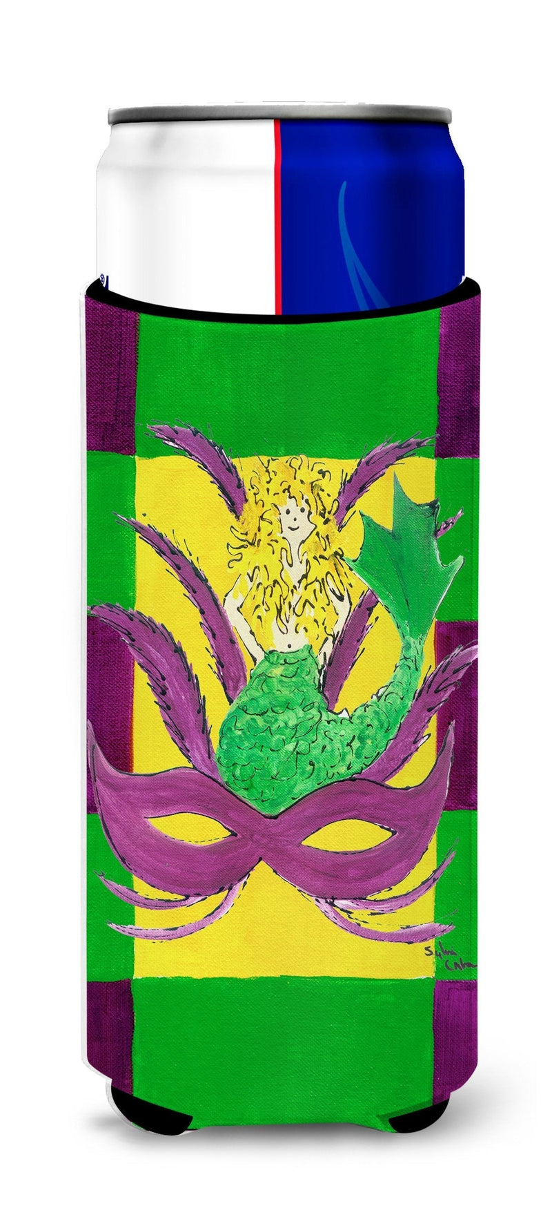 Caroline's Treasures 8162MUK Mardi Gras Ultra Beverage Insulators for Slim cans Blonde Mardi Gras Mermad with Mask Design, Slim Can, Multicolor - BeesActive Australia