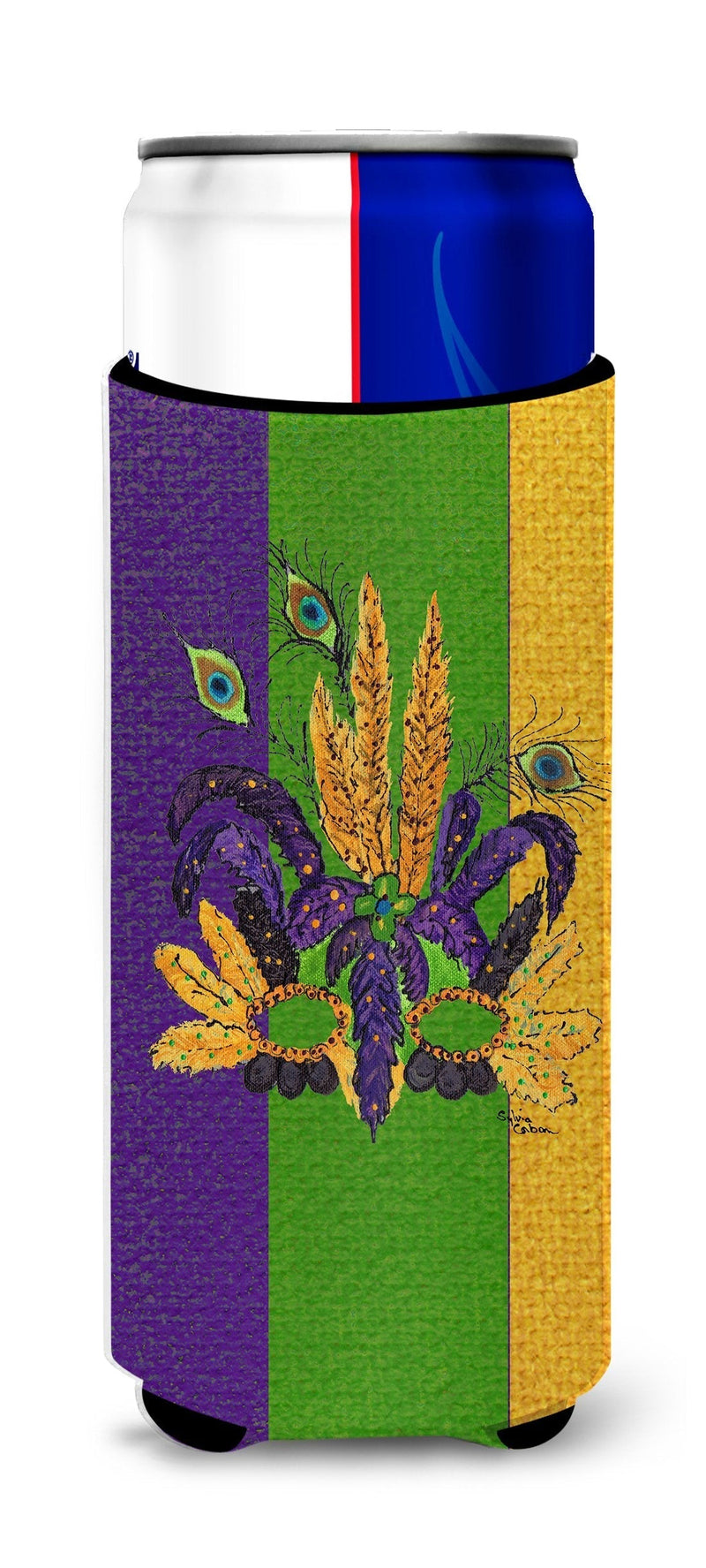 Caroline's Treasures 8364MUK Mardi Gras Feathered Mask Ultra Beverage Insulators for Slim cans, Slim Can, Multicolor - BeesActive Australia