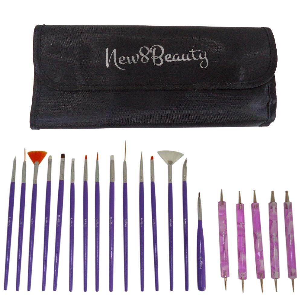 Nail Art Brushes, Dotting Pens Marbling Detailing Painting Striping Tools 20pc Kit Set with Roll-Up Pouch - Best for nail art and facial detailed painting - FREE eBook with Design Idea Purple - BeesActive Australia