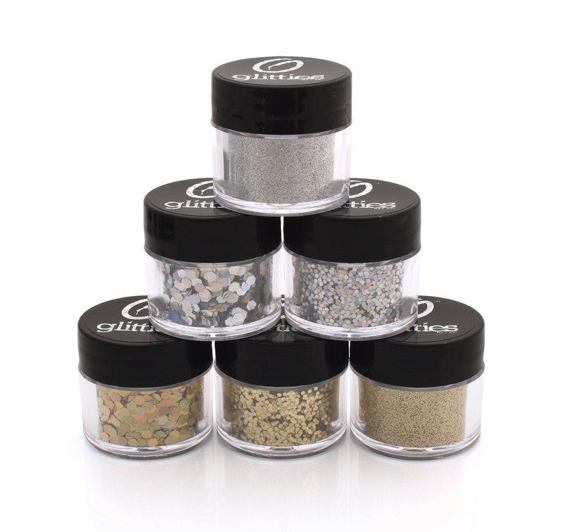 GLITTIES - (6PK) - Holographic Gold & Silver Glitter Kit - Solvent Resistant & Great for Nail Art Polish, Gels, Acrylics Supplies - Quality Glitter Made in the USA! - (60 Grams) 60 Gram Gold & Silver 6PK - BeesActive Australia