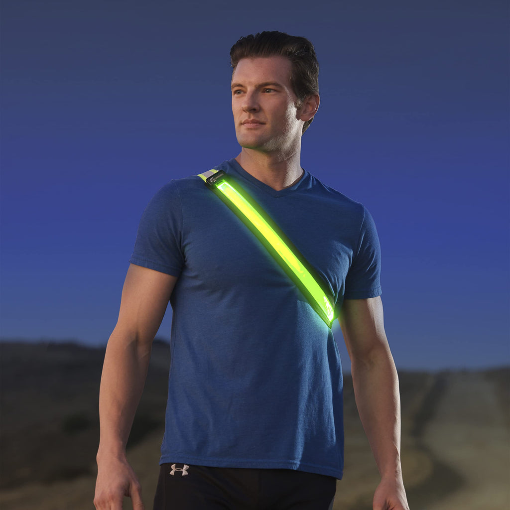 ILLUMISEEN LED Reflective Belt Sash | High Visibility LED Lights with 2 Lighting Modes | Adjustable Quick Release Buckle | USB Rechargeable, No Batteries Needed | Weatherproof Professional Safety Gear Green - BeesActive Australia