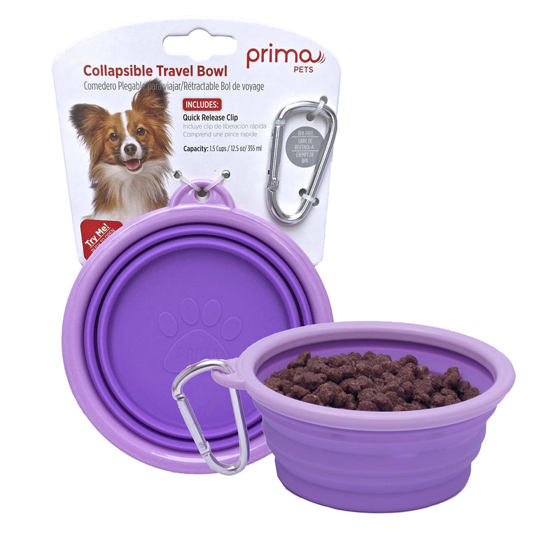 Prima Pet Collapsible Silicone Food and Water Travel Bowl with Clip for Dog and Cat, Small (1.5 Cups) SMALL (1.5 CUPS) PURPLE - BeesActive Australia