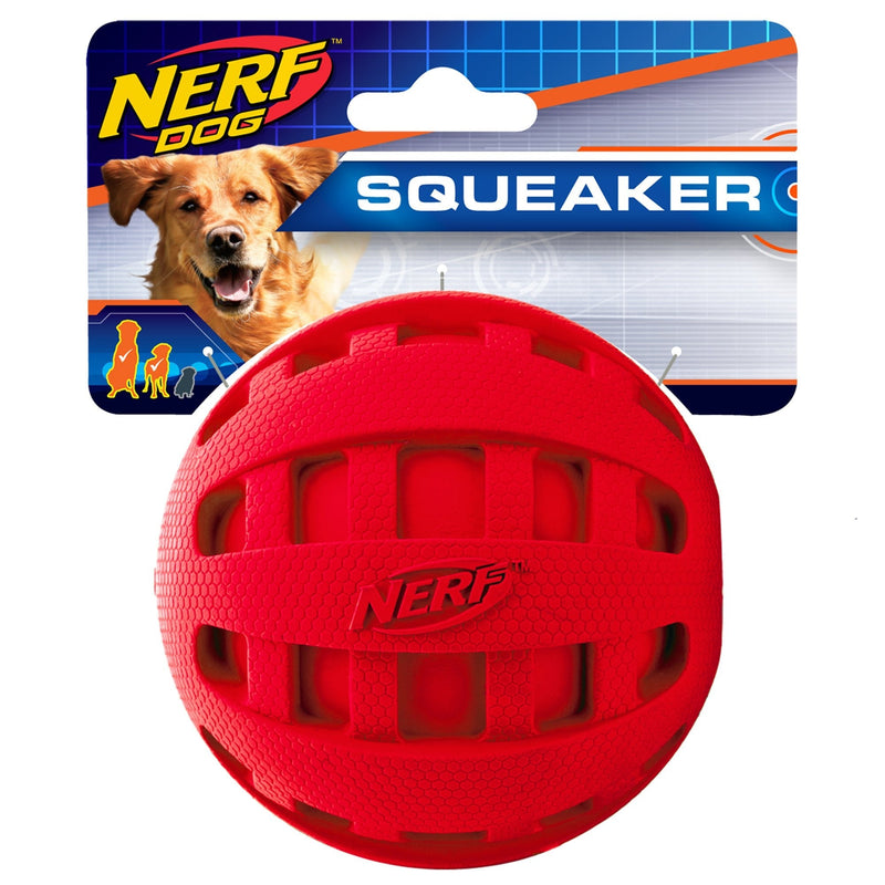 Nerf Dog Checker Ball Dog Toys, Lightweight, Durable and Water Resistant, Non-Toxic, BPA-Free, Assorted Sizes and Colors 4 in Red Checker Squeak - BeesActive Australia