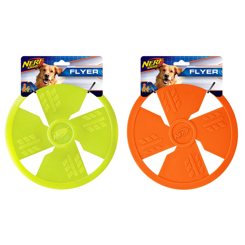 Nerf Dog Rubber Flyer Dog Toy, Frisbee, Lightweight, Durable and Water Resistant, Great for Beach and Pool, 10 inch Diameter, for Medium/Large Breeds, Two Pack, Green and Orange - BeesActive Australia