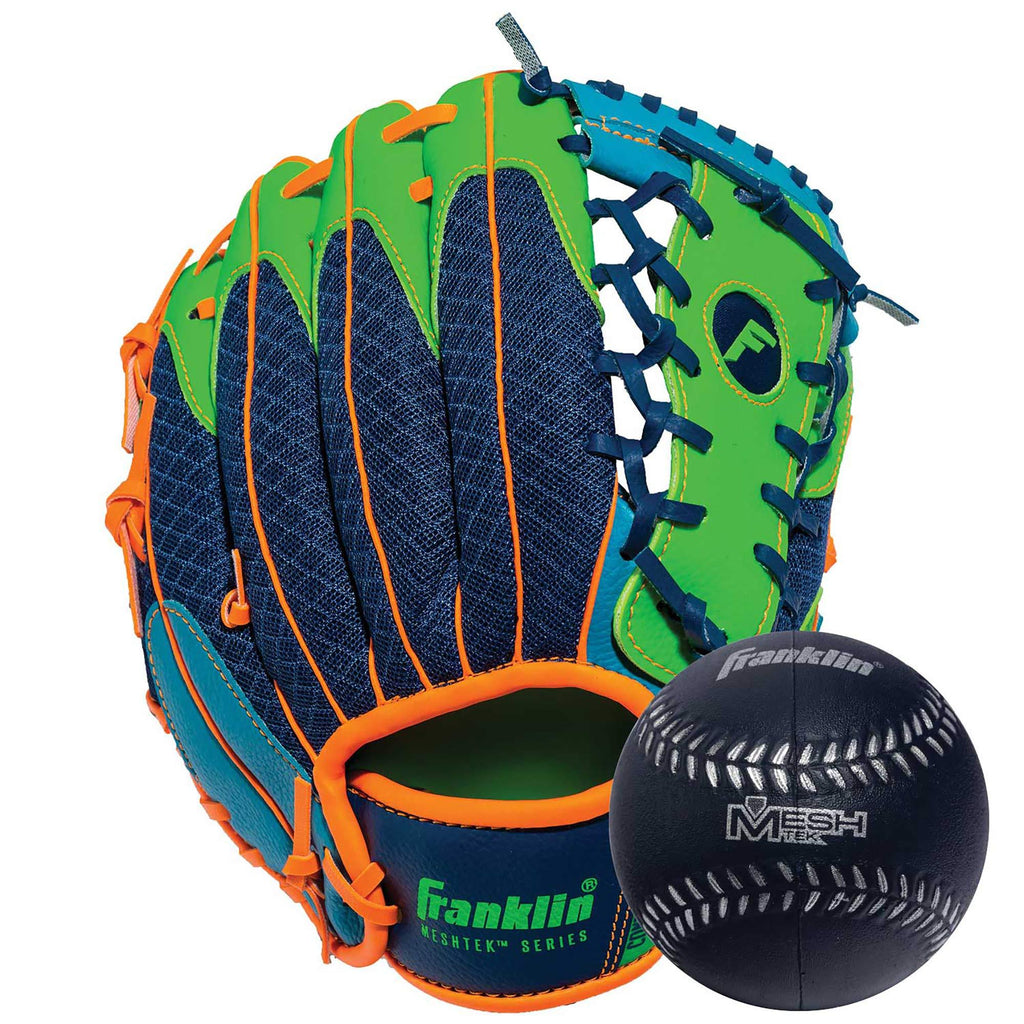[AUSTRALIA] - Franklin Sports Teeball Glove and Ball Set - Meshtek Teeball Glove and Foam Baseball - 9.5" Right Navy/Lime/Orange 