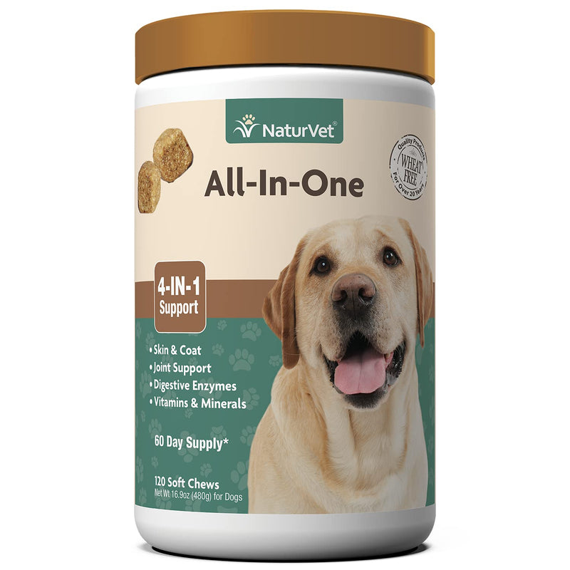 NaturVet All-in-One Dog Supplement - for Joint Support, Digestion, Skin, Coat Care – Dog Vitamins, Minerals, Omega-3, 6, 9 – Wheat-Free Supplements for Dogs 120 Soft Chews - BeesActive Australia