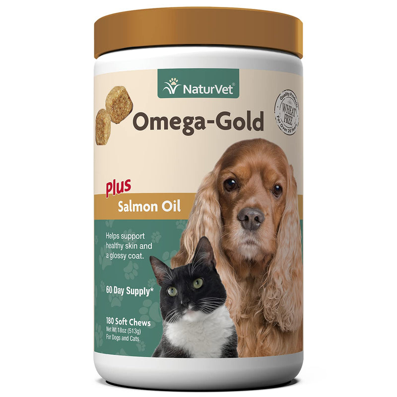 NaturVet Omega-Gold Plus Salmon Oil Skin and Coat Supplement for Dogs and Cats, Soft Chews, Made in the USA 180 Soft Chews - BeesActive Australia