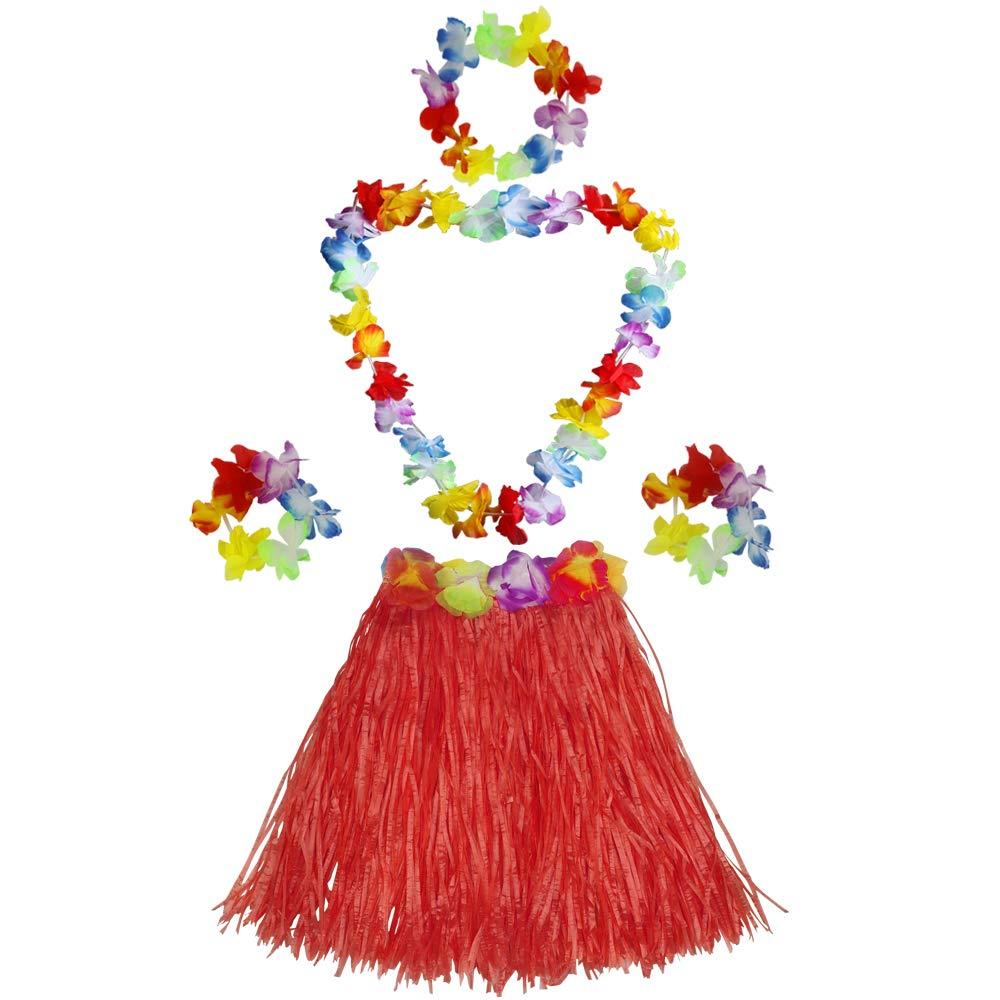 [AUSTRALIA] - Fighting to Achieve Girl's Elastic Hawaiian Hula Dancer Grass Skirt with Flower Costume Set-red 