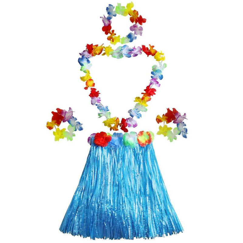 [AUSTRALIA] - Fighting to Achieve Girl's Elastic Hawaiian Hula Dancer Grass Skirt with Flower Costume Set-Blue 