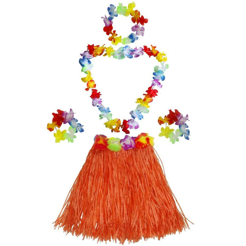 [AUSTRALIA] - Fighting to Achieve Girl's Elastic Hawaiian Hula Dancer Grass Skirt with Flower Costume Set-Orange 