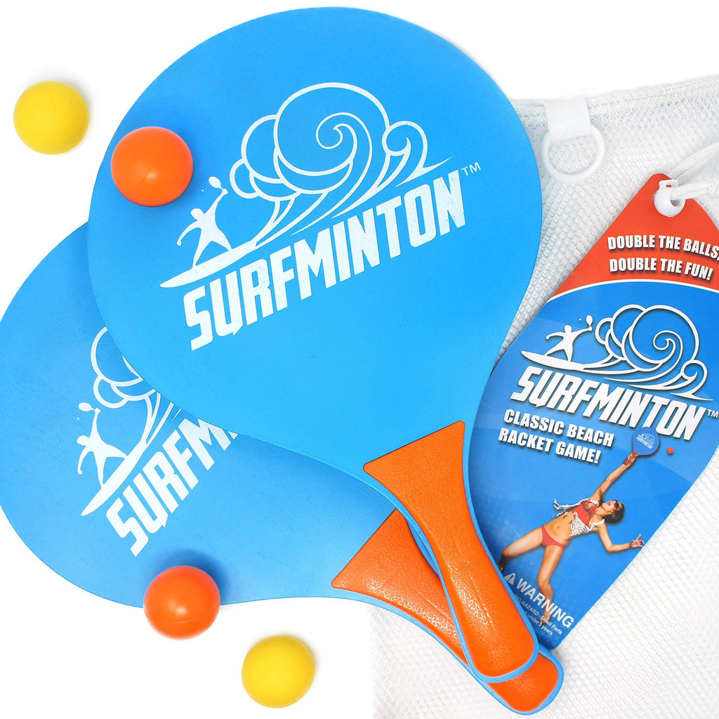 [AUSTRALIA] - VIAHART Surfminton Classic Beach Tennis Wooden Paddle Game Set (4 Balls, 2 Thick Water Resistant Wooden Rackets, 1 Reusable Mesh Bag) - New and Improved Fall 2019 Blue, Orange 