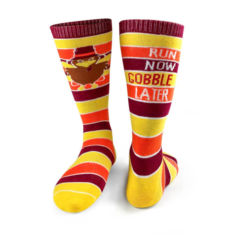 Run Now Gobble Later (Yellow/Orange/Brown) Printed Mid Calf Socks | Running Socks by Gone For a Run | Multiple Sizes One Size - BeesActive Australia