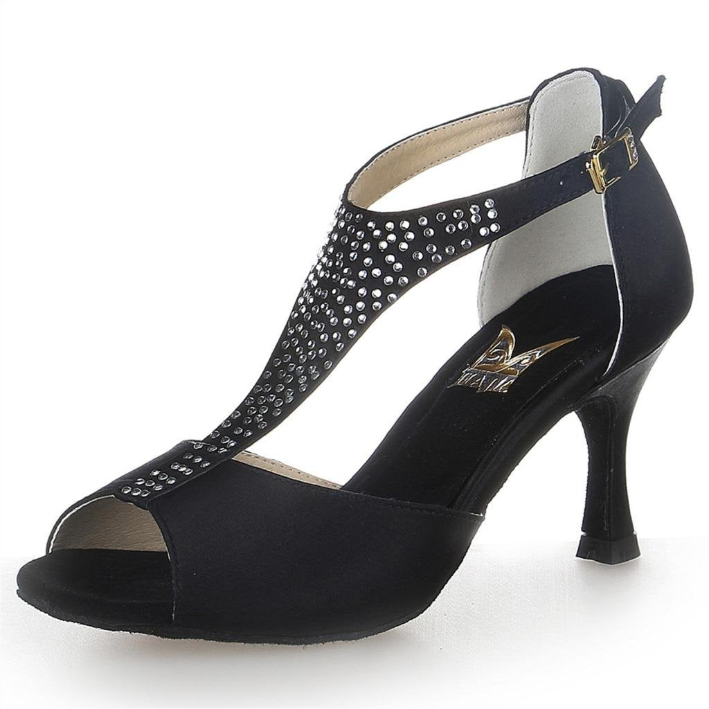 [AUSTRALIA] - JIAJIA Y2058 Women's Satin Sandals Flared Heel Latin Salsa Performance Dance Shoes 5.5 Black 