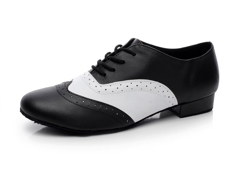 [AUSTRALIA] - Minishion QJ9011 Mens 1" Heel Leather Modern Salsa Tango Ballroom Latin Dance Shoes 12 Black/White-2.5cm Heel 