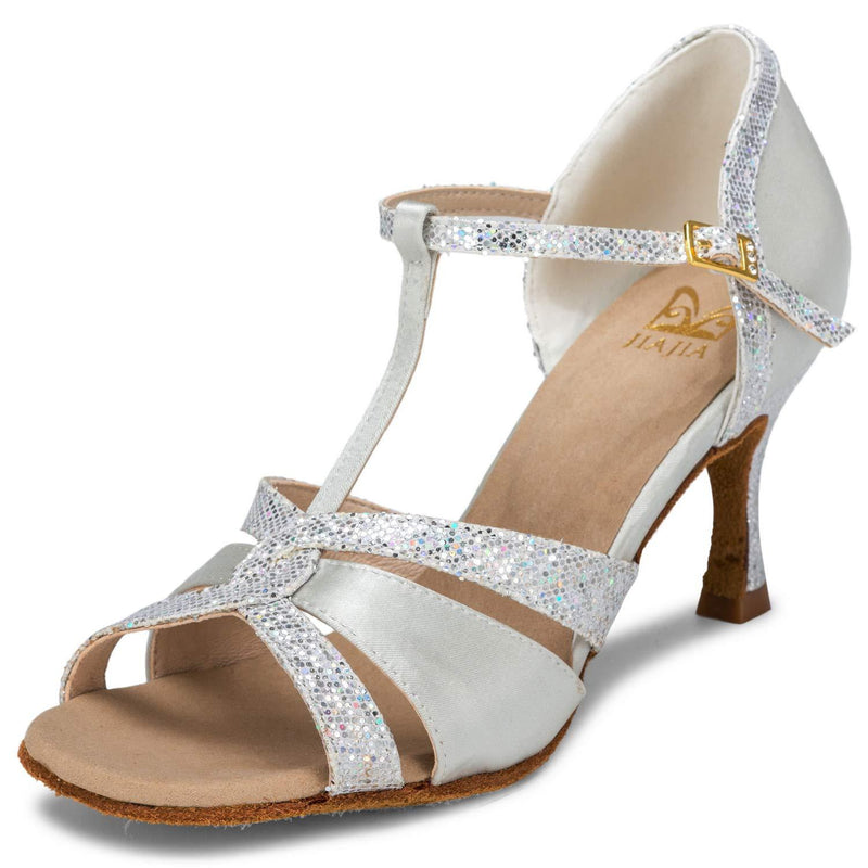 [AUSTRALIA] - JIAJIA 20519 Women's Satin Sandals Flared Heel Latin Salsa Performance Dance Shoes 6.5 Silver 