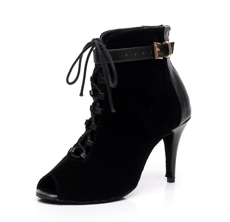 [AUSTRALIA] - Minishion QJ6179 Womens Lace-up Suede Ballroom Latin Dance Shoes 7 Black-8.5cm Heel 