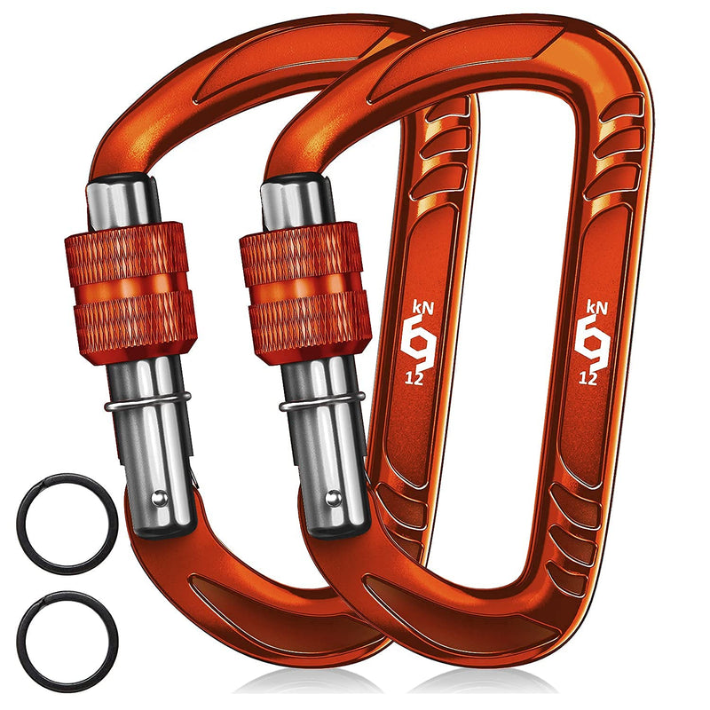 RHINO Produxs 2PCS of 12kN (2697 lbs) Heavy Duty Lightweight Locking Carabiner or Auto Locking Carabiner Clips, for Securing Pets, Outdoor, Camping, Hiking, Hammock, Dog Leash Harness, Keychains, Gym Locking Full Orange - BeesActive Australia