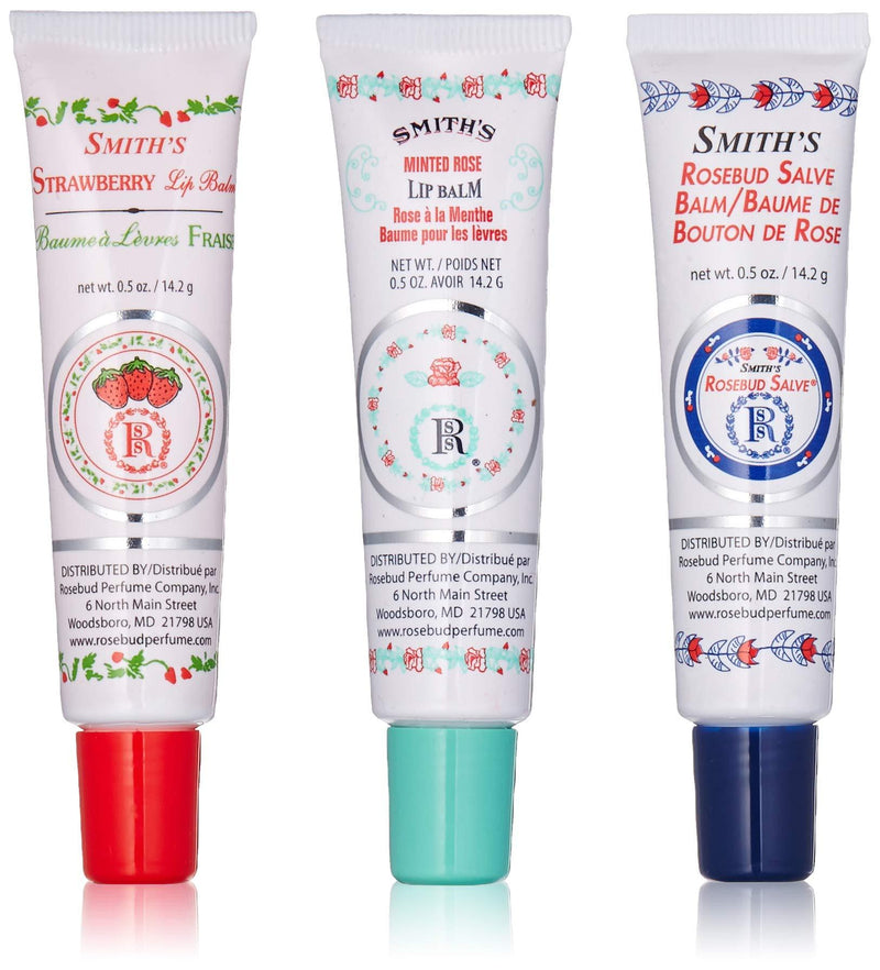 Rosebud Perfume Co. Tube 3 Pack: Smith's Rosebud Salve + Smith's Strawberry Lip Balm + Smith's Minted Rose Lip Balm - BeesActive Australia