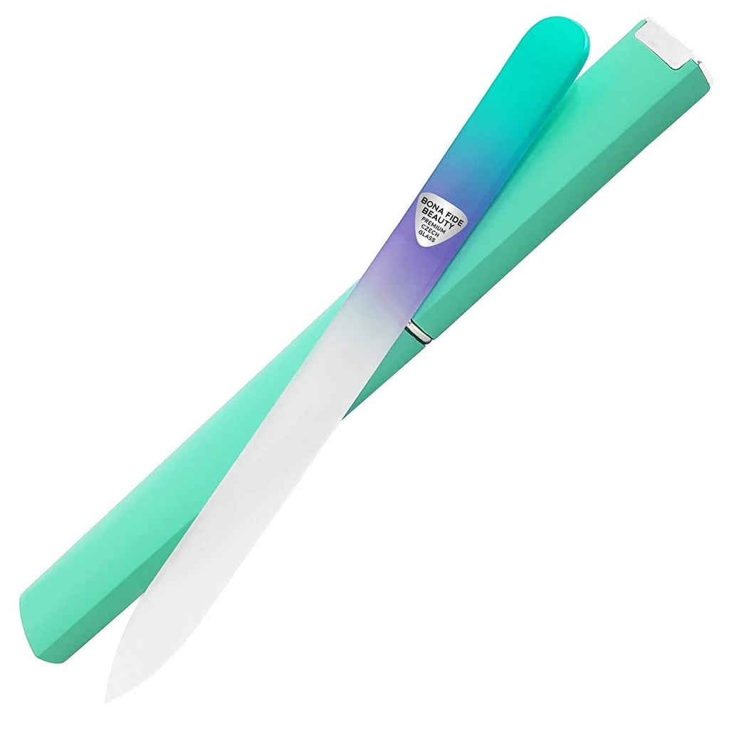 Glass Nail File in Case, Glass Fingernail File, Manicure Nail Care, Expert Precision Filing + Smooth Finish - Bona Fide Beauty Pastel Premium Czech Glass File Pastel Aqua/Violet - BeesActive Australia