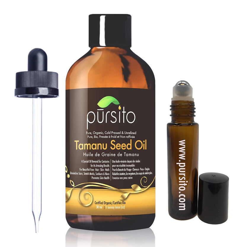 Organic Tamanu Seed Oil and Treatment Roller, Pure Cold Pressed & Unrefined For Skin, Nails, Face, Hair by Pursito 30 ml (1 oz) Foraha Nut Seed Oil, Certified Organic by OneCert 1 Fl Oz (Pack of 1) - BeesActive Australia