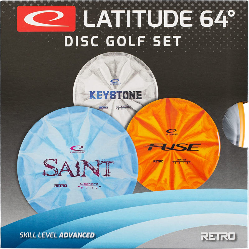 Latitude 64 Advanced 3 Disc Retro Burst Starter Set | Set Includes a Retro Keystone, Retro Fuse, and Retro Saint | Maximum Distance Frisbee Golf Driver | Frisbee Golf Stamp and Color Will Vary - BeesActive Australia