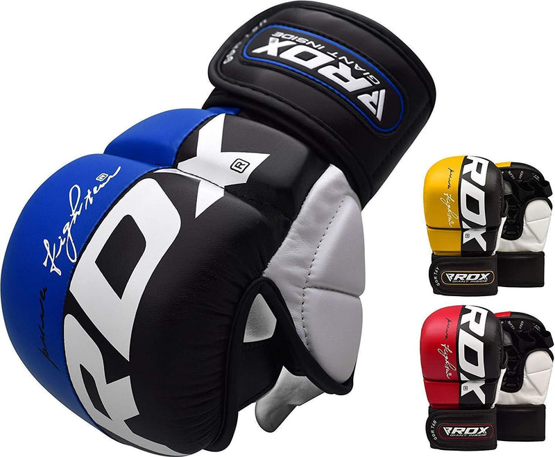 [AUSTRALIA] - RDX MMA Gloves for Martial Arts Training & Grappling | Approved by SMMAF | Palm-O Maya Hide Leather Sparring Mitts | Good for Kickboxing, Muay Thai, Cage Fighting, Punching Bag & Combat Sports Blue Small 