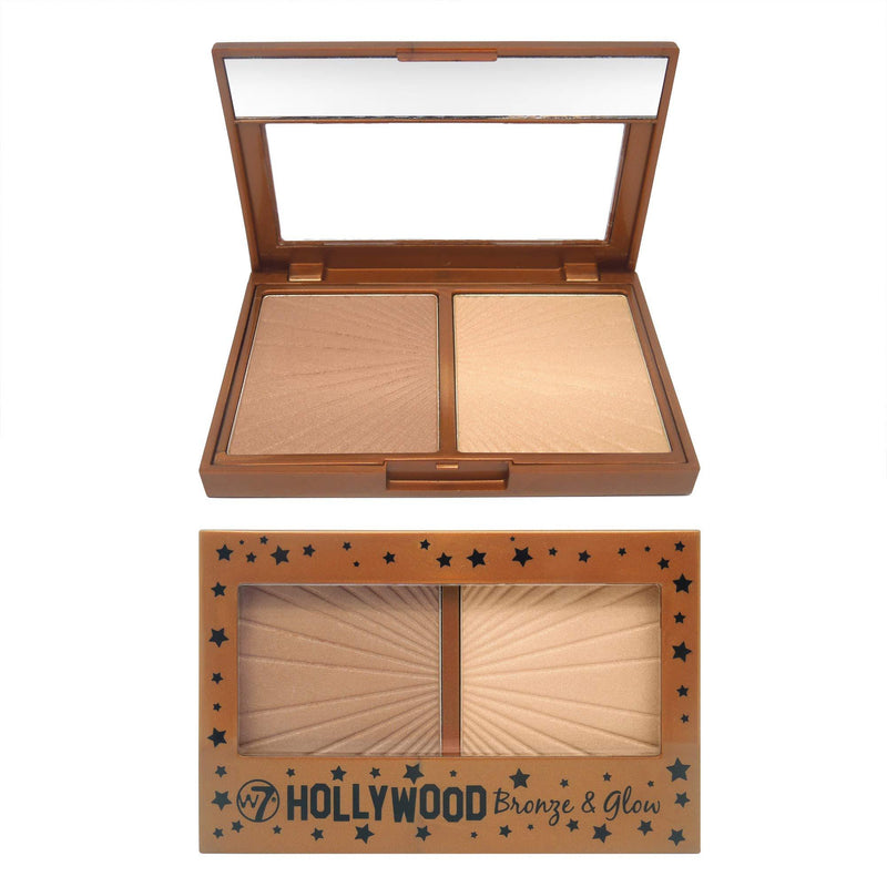 W7 | Hollywood Bronze & Glow Duo Compact | 2 in 1 Bronzing and Highlighting Pressed Powder | Color: Champagne Gold Highlighter and Shimmering Bronzer | Cruelty Free, Vegan Face Makeup - BeesActive Australia