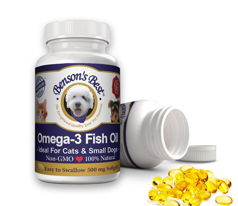 Benson's Best Omega-3 Fish Oil for Dogs (1000 mg) or Cats & Small Dogs (500 mg) - Provides 43% More Omega-3 Fatty Acids Than Salmon Oil! 100% Pure, Non-GMO, Natural Pet Food Supplement 500 mg Softgel Capsules for Cats & Small Dogs - BeesActive Australia