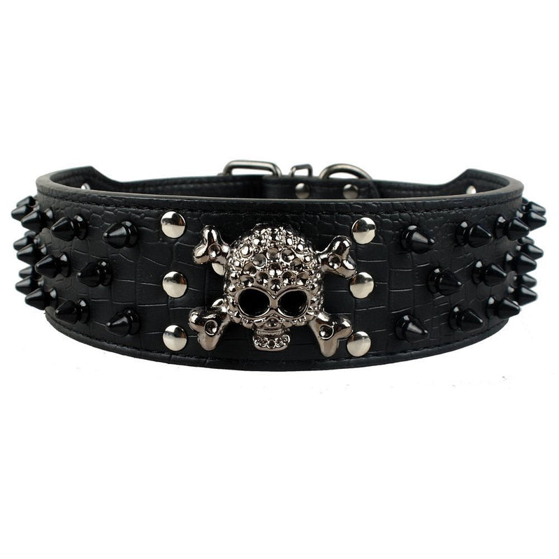 Dogs Kingdom Skull Punk Style Spiked Studded Pu Leather Dog Collars Pitbull Boxer Mastiff Pet Collar Medium Black - BeesActive Australia