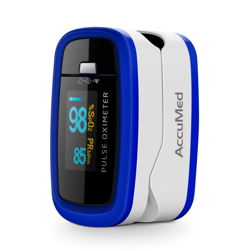 AccuMed CMS-50D1 Fingertip Pulse Oximeter Blood Oxygen Sensor SpO2 for Sports and Aviation. Portable and Lightweight with LED Display, 2 AAA Batteries, Lanyard and Travel Case (Blue) - BeesActive Australia