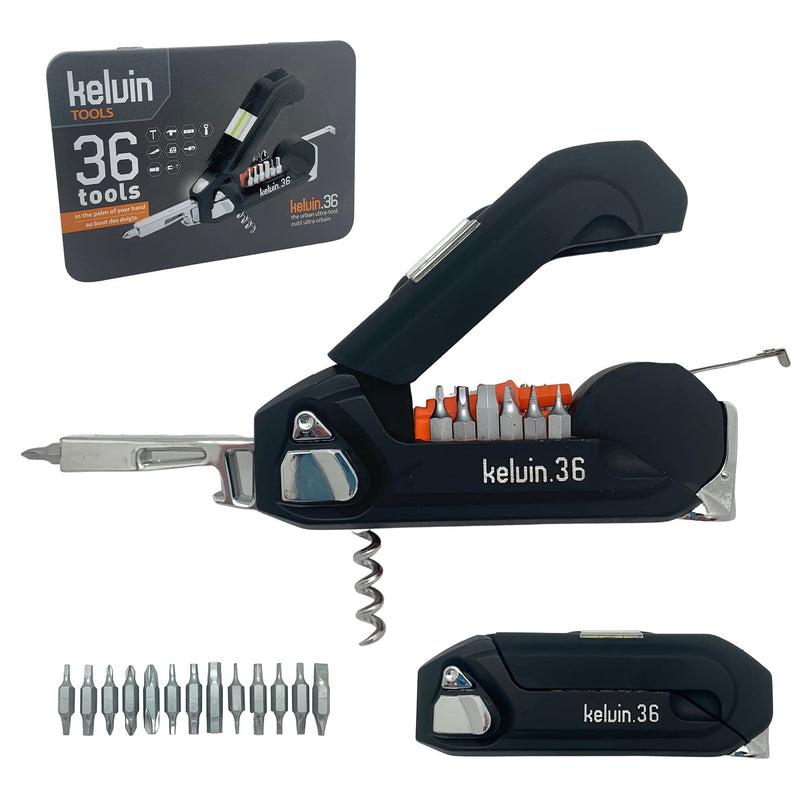 Kelvin Tools K-36 Multi-Tool Set, 36 Integrated Tools, 26 Bit Screwdriver Set, Tape Measure, Corkscrew (Black) KELVIN 36 Black 36 - BeesActive Australia