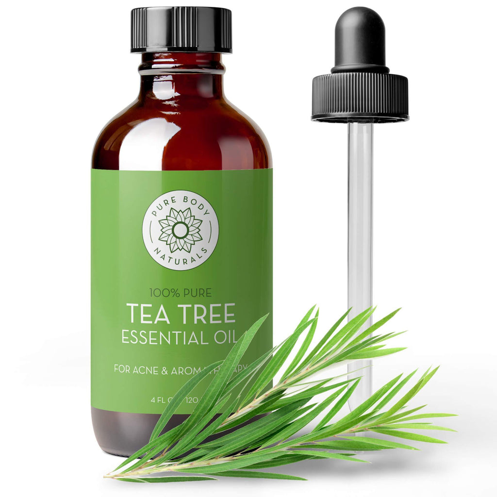 Tea Tree Essential Oil, 4 Fl Oz with dropper - Undiluted Therapeutic Grade for Your Face, Skin, Hair and Diffuser - 100% Pure Melaleuca Oil for Acne, Toenails, Skin Tag Removal - by Pure Body Naturals 4 Fl Oz (Pack of 1) - BeesActive Australia