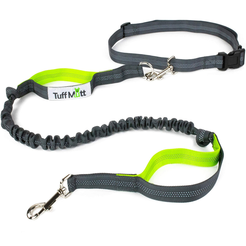 Tuff Mutt Hands Free Dog Leash for Running, Walking, Hiking, Durable Dual-Handle Bungee Leash is 4 Feet Long with Reflective Stitching, Adjustable Waist Belt That Fits 42 Inch Waist green/gray - BeesActive Australia
