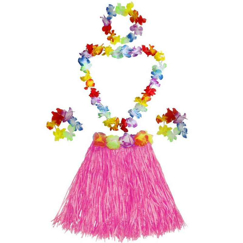 [AUSTRALIA] - Fortuning's JDS Girl's Elastic Hawaiian Hula Dancer Grass Skirt with Flower Costume Set -Pink 