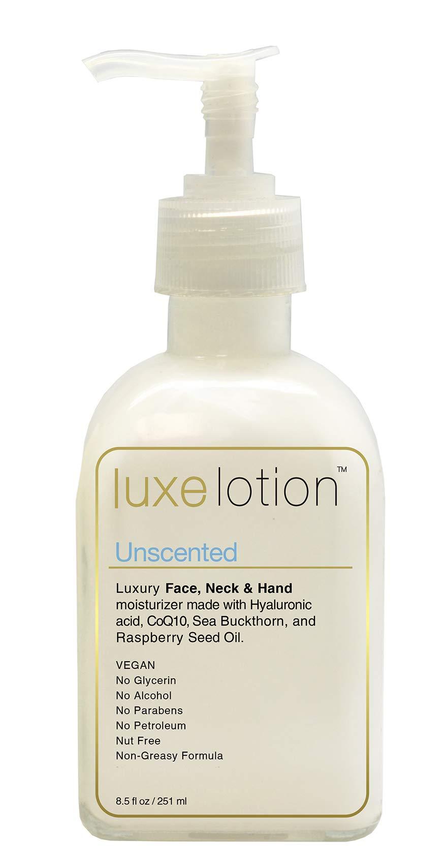 LUXE LOTION Luxurious Face, Neck & Hand Hyaluronic Acid Moisturizer 8.5oz Unscented Lotion - Organic Vegan Ingredients - No Glyerin, Alcohol, Gluten, Mineral Oil, Dimethicone, Soy, Nut & Paraben Free Unscented  8.5 Ounce - BeesActive Australia