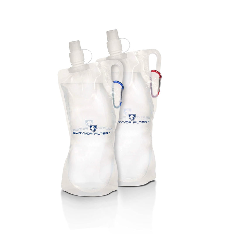 Survivor Filter Collapsible Water Bottles, Canteens (33oz) 2 Pack (2L Total) - Durable Carabiners and Handles. Squeeze Water through a Filter or Use as Water Bottles and Reservoir. Light and BPA Free Water Bladders - BeesActive Australia