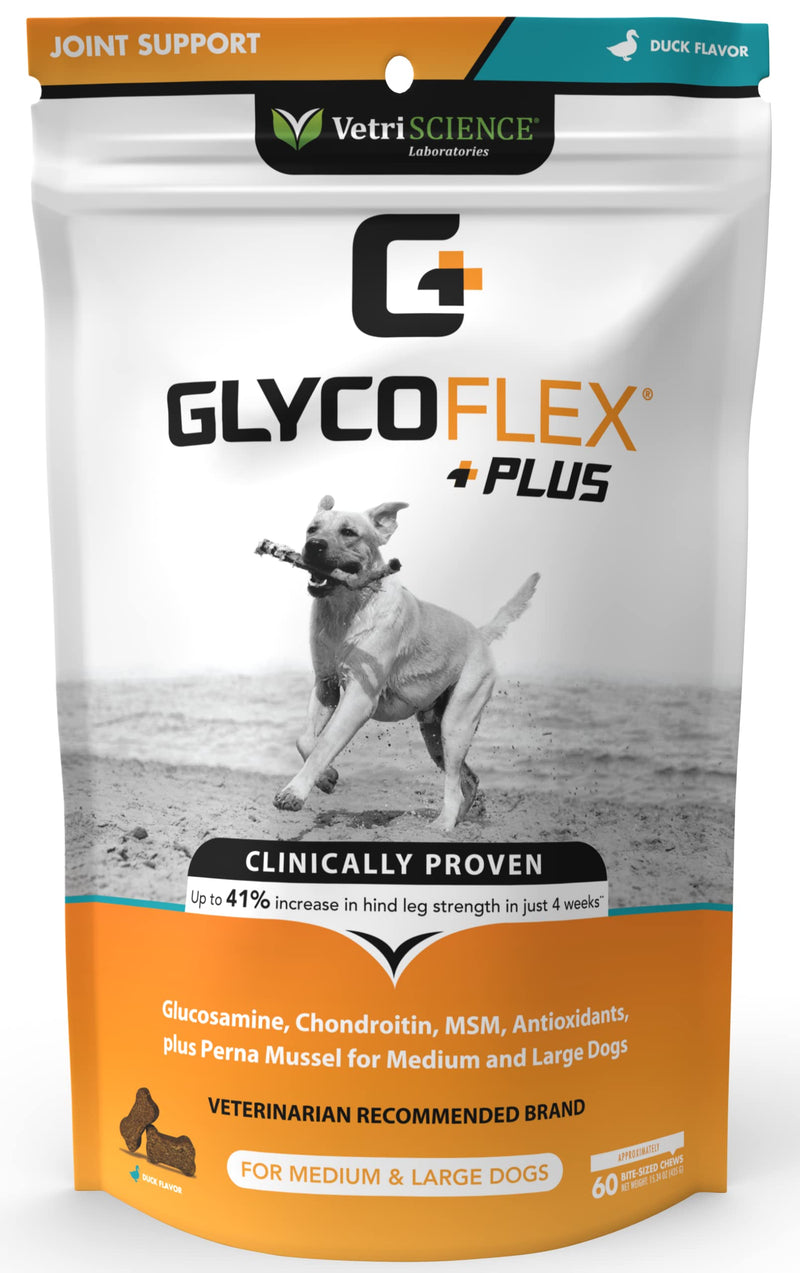 VETRISCIENCE Glycoflex Plus Clinically Proven Hip and Joint Supplement with Glucosamine for Dogs - Advanced Mobility Support with MSM, Chondroitin, and Perna Duck 60 Count - BeesActive Australia