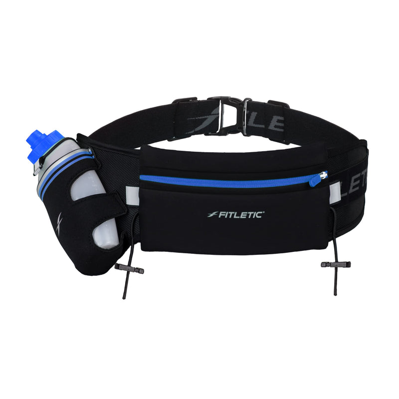 Fitletic HD12G Fully Loaded Hydration Belt | Patented Bounce Free Design for Endurance, Ironman, Triathlon, 5K, 10K, Marathon, Trail | Range of Sizes & Colors S/M (24"-34") Blue & Black - BeesActive Australia