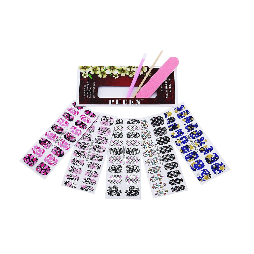 PUEEN 3D Jeweled Nail Wraps Collection BLING IT UP - 5 Pack (18 Strips Each) Nail Wraps/Nail Strips/Nail Foils/Nail Stickers/Nail Decals/Nail Patches in New High Fashion Designs-BH000526 - BeesActive Australia