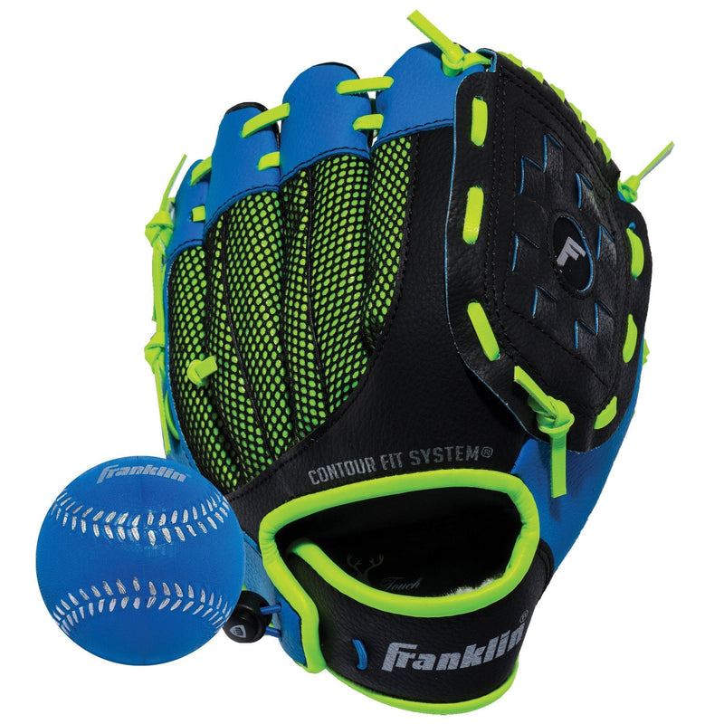 [AUSTRALIA] - Franklin Sports Teeball Glove - Left and Right Handed Youth Fielding Glove - Neo-Grip - Synthetic Leather Baseball Glove - 9.0 Inch - Ready To Play Glove with Ball Blue 