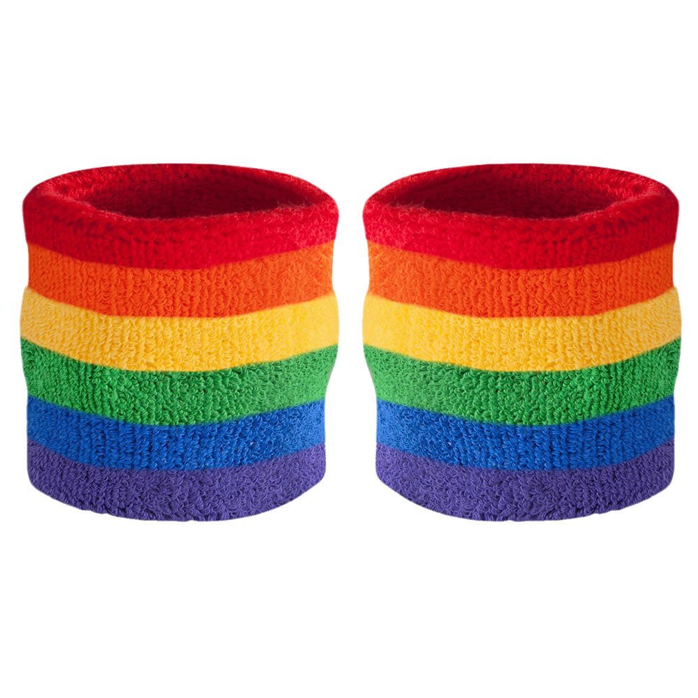 Suddora Striped Wrist Sweatbands - Athletic Cotton Terry Cloth Wristbands for Sports (Pair) Rainbow - BeesActive Australia