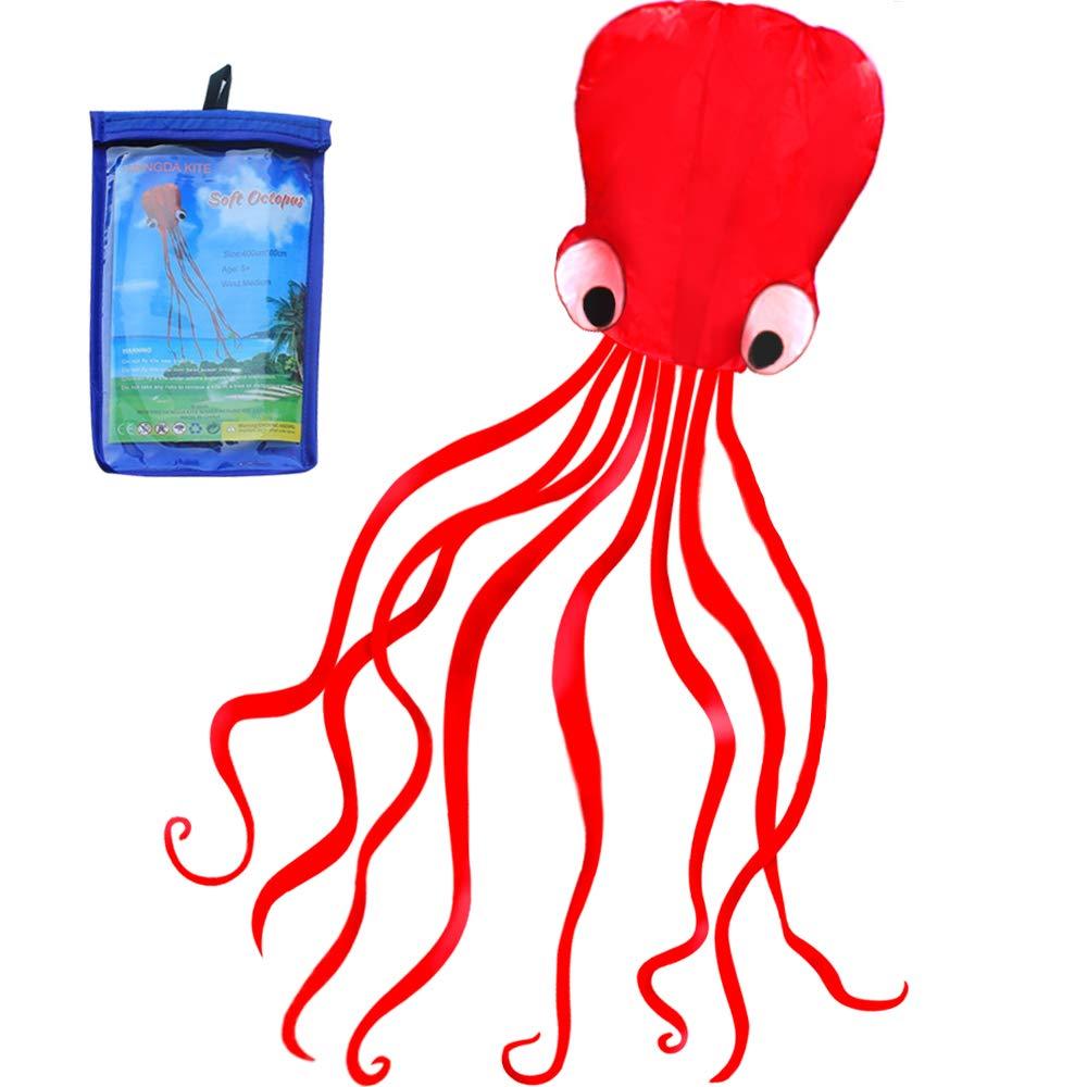 [AUSTRALIA] - HENGDA KITE Software Octopus Flyer Kite with Long Colorful Tail for Kids, 31-Inch Wide x 157-Inch Long, Large, Red All Red 