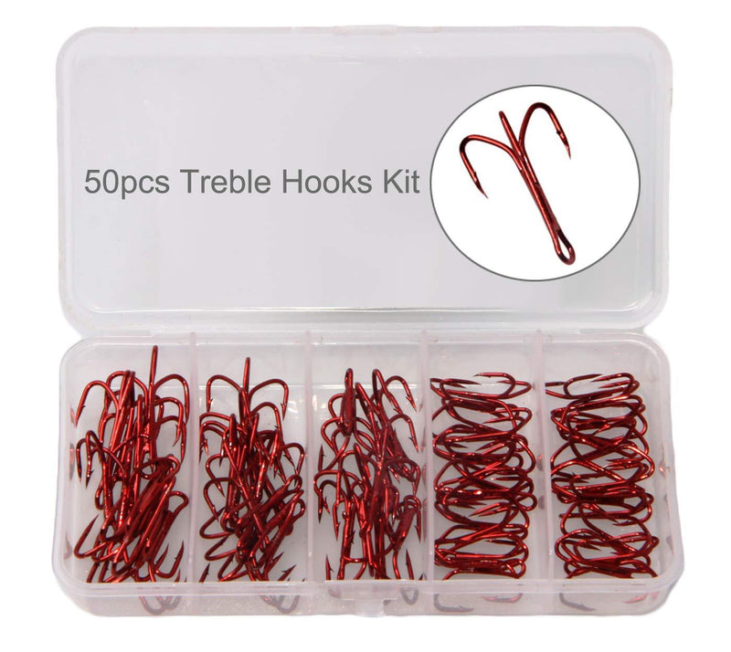 [AUSTRALIA] - JSHANMEI Fishing Treble Hooks Kit - High Carbon Steel Hooks Strong Sharp Round Bend Treble Fishing Hooks for Hard Bait Lures Saltwater Freshwater Fishing 50pcs/kit 