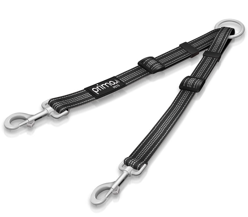 Prima Pets No Tangle Reflective Adjustable Double Dog Coupler - Each Side Adjusts 11" to 20" in Length - Walk 2 Dogs with Ease! MEDIUM - 3/4" Width BLACK - BeesActive Australia