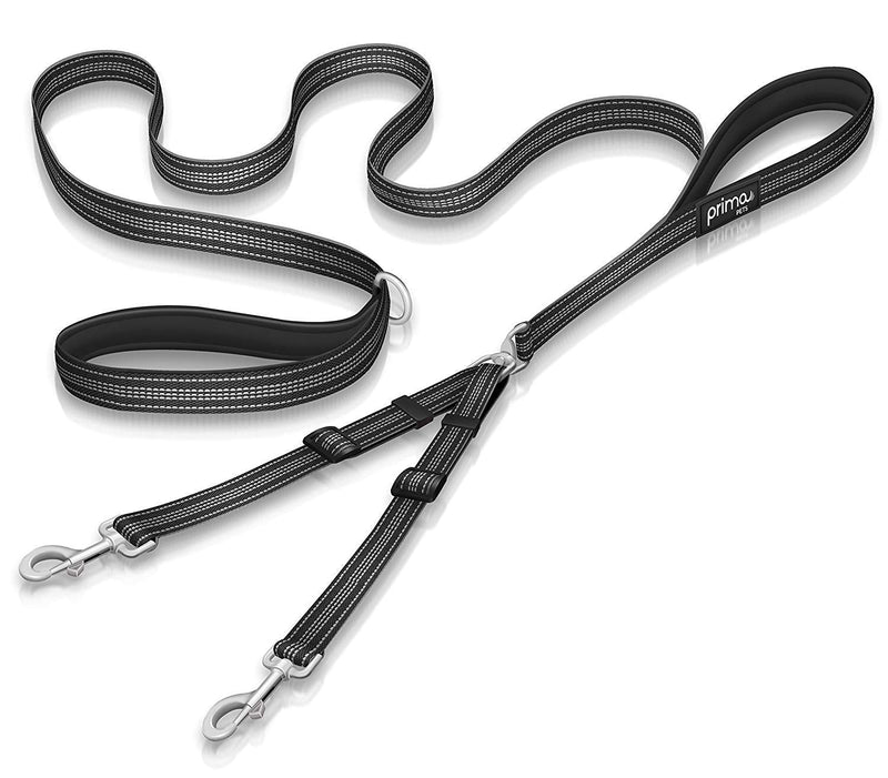Prima Pets Premium Reflective Double Dog Leash - Adjustable Coupler - 2 Padded Handles- Great for Walking 2 Dogs/Dual Dogs - Tangle Free MEDIUM - 3/4" Width 6 Feet BLACK - BeesActive Australia