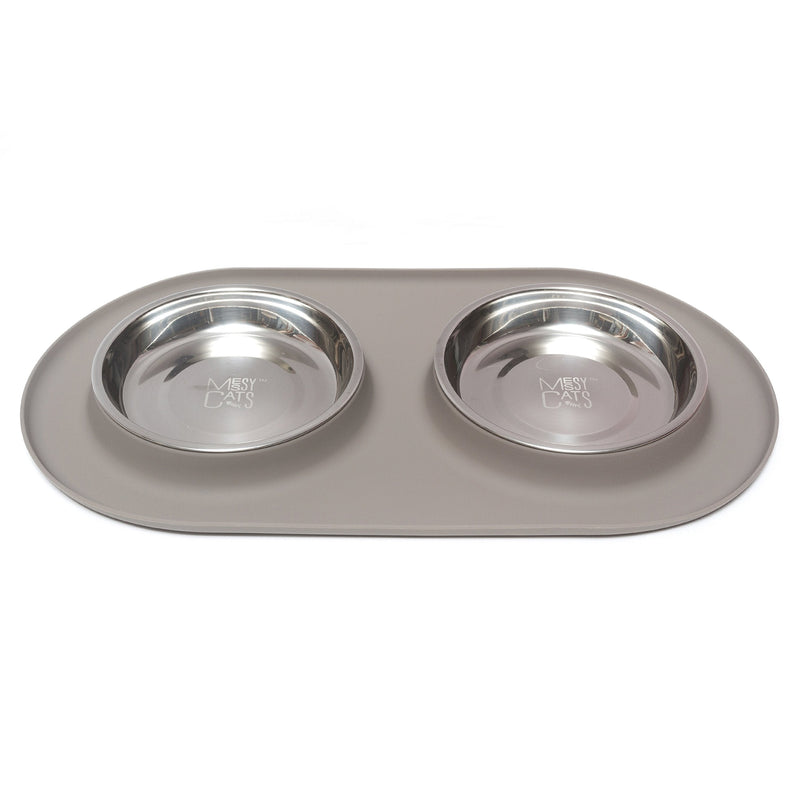Messy Cats Double Silicone Feeder with Stainless Saucer Shaped Bowl | Anti-Slip Non-Skid Cat Food Bowls | Two Cat Bowls in Feeding/Water Station Grey - BeesActive Australia