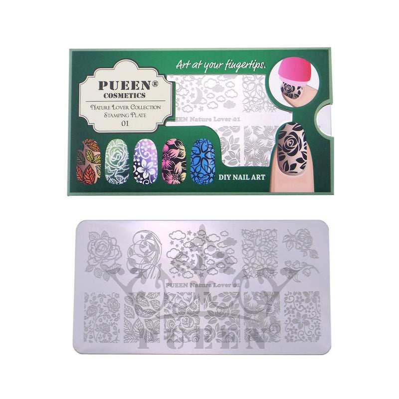 PUEEN Nail Art Stamping Plate - Nature Lover 01-125x65mm Unique Nailart Polish Stamping Manicure Image Plates Accessories Kit-BH000558 - BeesActive Australia