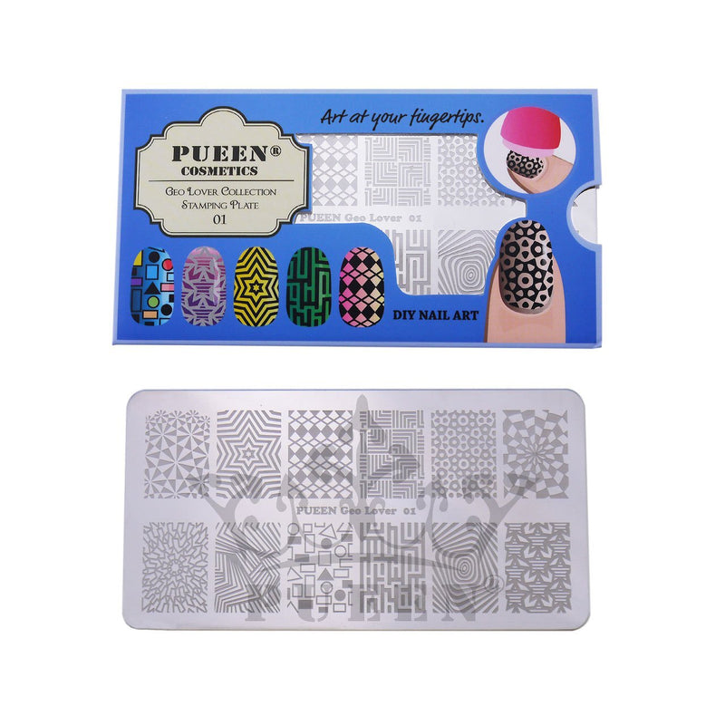 PUEEN Nail Art Stamping Plate - Geo Lover 01-125x65mm Unique Nailart Polish Stamping Manicure Image Plates Accessories Kit-BH000556 - BeesActive Australia